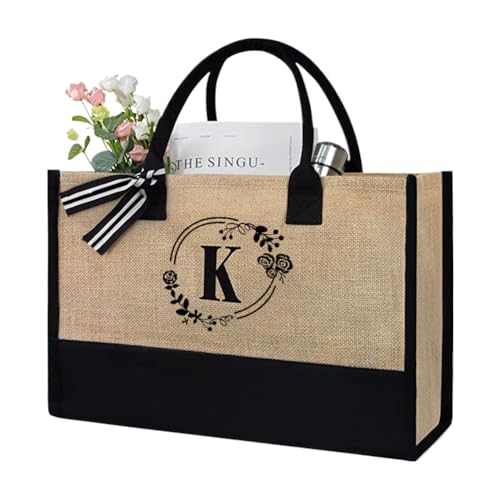 Fiorky Jute Shopper Bag Frauen, Jutetasche mit Initial, Jute Tote Bag personalisiert Tragetasche und Kosmetiktasche Geschenk for Brautjungfer Freund Mama zum Geburtstage, Muttertag, Hochzeit