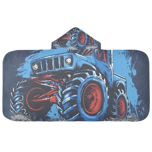 Image of Blue Monster Truck Hooded Beach Towel for Kids, Kids Bath Hooded Towels for Boys Girls, Super Soft Absorbent Bathrobe with Hood for Swin Pool 50 inchx23.5 inch