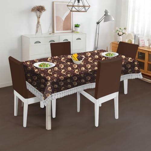 Image of The Furnishing Tree Waterproof PVC Rectangle Shaped 8 Seater Table Cover WxL 60x108 inches Floral Pattern Coffee Brown with White Border lace