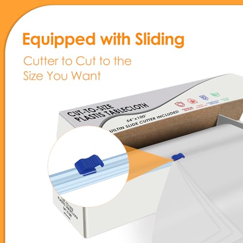 Image of tujol White Disposable Plastic Table Cloth Roll 54 inch X 100', Plastic Table Cover with Cutter Box, Cut to Size Disposable Tablecloth for Parties