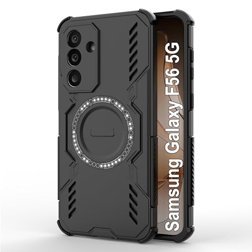 Image of amazon basics Back Case Cover for Samsung Galaxy F56 5G | Magnetic Case with Built-in Metal Ring | Supports Mag-Safe Charger, Wallet & Car Mount | Shockproof Hybrid PC + TPU | Black