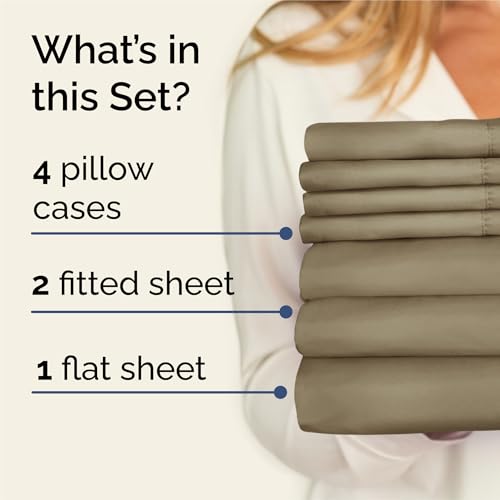 Image of Split King 7 Piece Bed Sheet Set - Comfy, Breathable & Cooling - Khaki | Ultra-Soft Hotel Luxury Bedding Set w / 8-16 Inch Deep Pockets, 1 Flat & 2 Fitted Sheet & 4 Pillowcases, Wrinkle & Fade Free