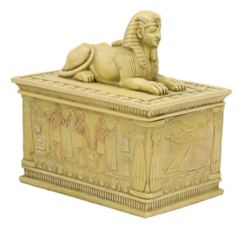 Ebros Egyptian Guardian Sphinx Decorative Rectangular Box In Sandstone Finish 4.25" Long Classical Egypt Monument Androsphinx With Hieroglyphic Deities Jewelry Trinket Box Sculpture