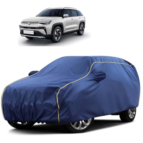 Image of Sulfar 100% Water Resistant Car Body Cover Compatible with Mirror for Maruti Suzuki Victoris (Triple Stitched, Full Bottom Elastic, Blue Tafetta with Yellow Piping)