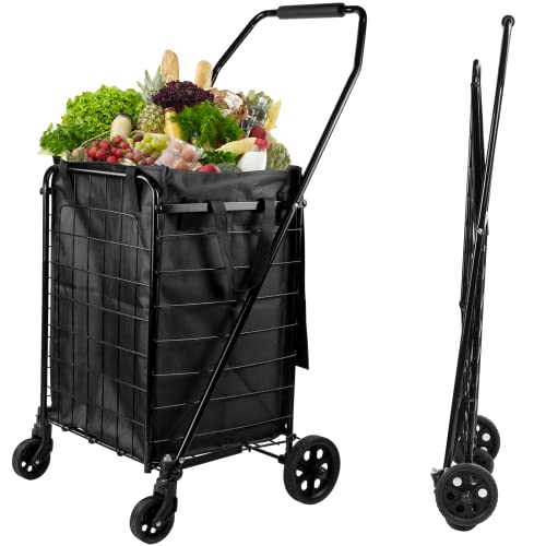 Realife Foldable Shopping Cart With Liner, Portable Utility Cart With Wheels For Grocery And Heavy Duty, 120Lbs, Black #TOP12