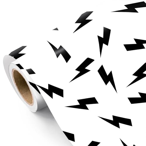 WRAPAHOLIC Black Lightning Bolts Wrapping Paper Roll - Mini Roll - 17 Inch x 16.5 Feet - White and Black Birthday Wrapping Paper Perfect for Men Boy Birthday, Baby Shower