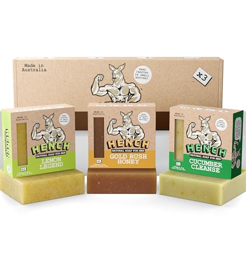 HENCH – Mens Soap Bar 3 Pack Natural Soap for Men Exfoliating & Moisturising No Palm Oil Free & No Harsh Chemicals Soothes Dry Irritated Skin Men's Gift Set (3pk GRH/LL/CC)