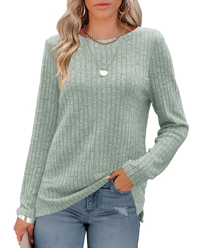 Image of Odosalii Long Sleeve Tops Women UK- Crew Neck Jumpers for Women Light Green