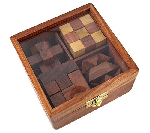 STAR CRAFT Wooden Puzzle Game 4 in 1 Box Handcrafted Pure Natural Rosewood Puzzle Game Set Brain Teaser for Teens and Adults & Childrens Puzzle Set of 4 Game-image-9