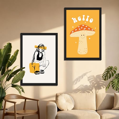 Image of NoWorries Aesthetic Pop Art Wall Framed Painting Set | Girl Illustration & Cute inchHello inch Mushroom Art Prints | Premium 300 GSM Paper Print with Synthetic Wooden Frames | Modern Abstract Wall Decor for Living Room, Bedroom & Office (Set of 2) (BLACK, ART-1, 13X19INCHES)