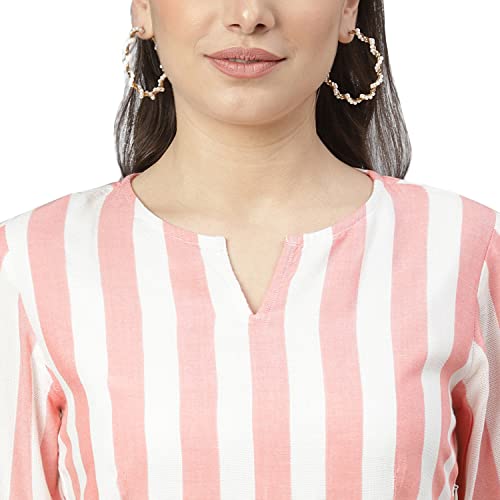 Image of DEEBACO Women's A Line /Fit & Flare Knee Length Dresses for Women Bell Sleeve Printed Striped Dress Midi for Girls Western Lace Dresses (Pink, Blue, Green, Yellow)