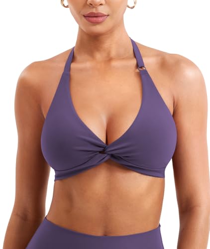 Image of YEOREO Halter Sports Bras for Women Low Impact Removable Padded Adjustable Deep V Bra Seamless Workout Gym Crop Tops