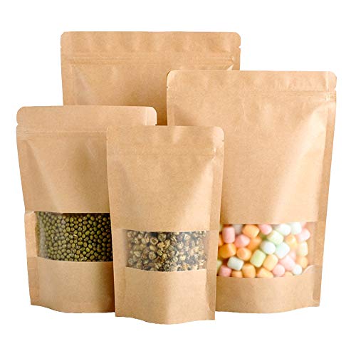 50 bolsas reutilizables de papel kraft con diseño de pie, ventana transparente y cierre zip para almacenar alimentos, galletas, bolsas de té, caramelos, granos de café, etc. 17x25cm Cover