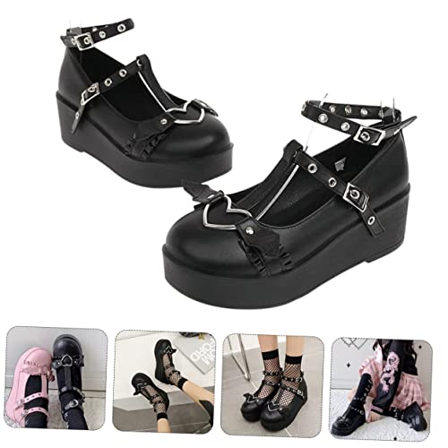 Chaussures en cuir plateforme pour femme baskets compensées rétro noir - 7