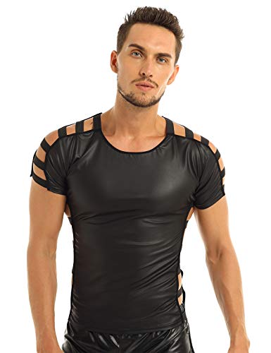 CHICTRY T-Shirt da Uomo Manica Corta in Pelle Magro Stretto Compressione Maglietta Bodybuilding Top Latex Muscolo Camicia Casual Gilet Sportivi per Palestra Discoteca Club Nero Medium