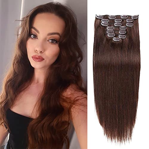 Straight Human Hair Clip in Hair Extensions for Women 100% Virgin Hair 18 inch #2 Dark Brownr ,8/Pcs with 17Clips,100Gram (18inch, Straight hair)