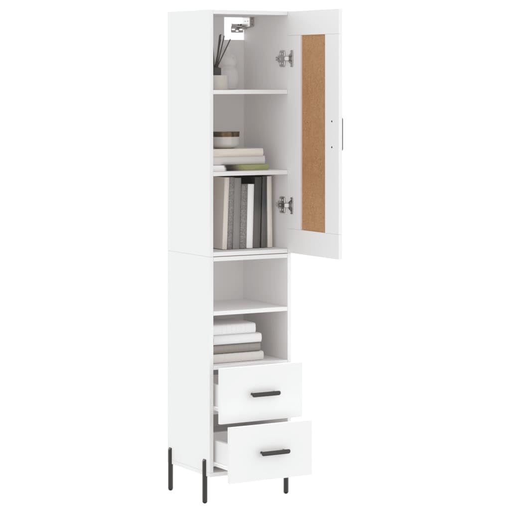 Komoda biała z materiału drewnopochodnego z metalowymi nóżkami, 34,5 x 34 x 180 cm, miejsce do przechowywania, kredens, komoda z drzwiami i półką, do salonu, przedpokoju, biura, porządku i