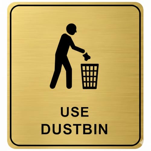 BerryBox USE DUSTBIN Premium Brush Golden Black Acrylic Sign Board 6x6 Inch, Modern,Durable.Self Adhesive Ideal for office,Clinics,Malls,Hotels,Hospital,commercial space