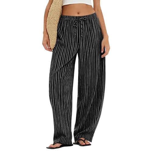 Striped Wide Leg Pants for Women Flowy Casual Elastic Waist Drawstring Linen Pants with Pockets Lounge Pull On Dress Comfy Loose Pant Pinstripe Gauze Lightweight Baggy Pant Vacation Spring Trousers
