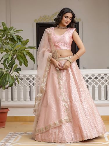 TRENDMALLS Women\'s Satin Embroidery Bridal Lehenga Choli with Net Dupatta Ready To Wear (L259-Pink-L)