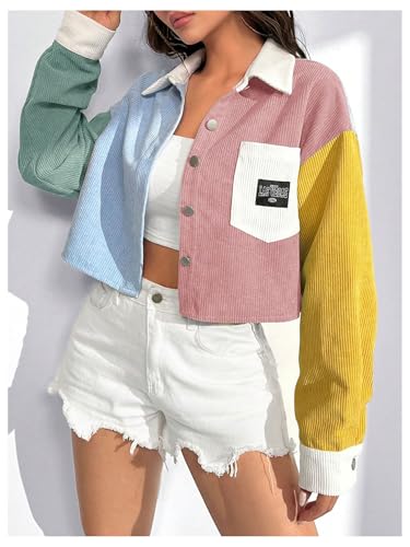 Verdusa Women's Colorblock Crop Jacket Button Front Collared Colorful Outerwear with Pockets4