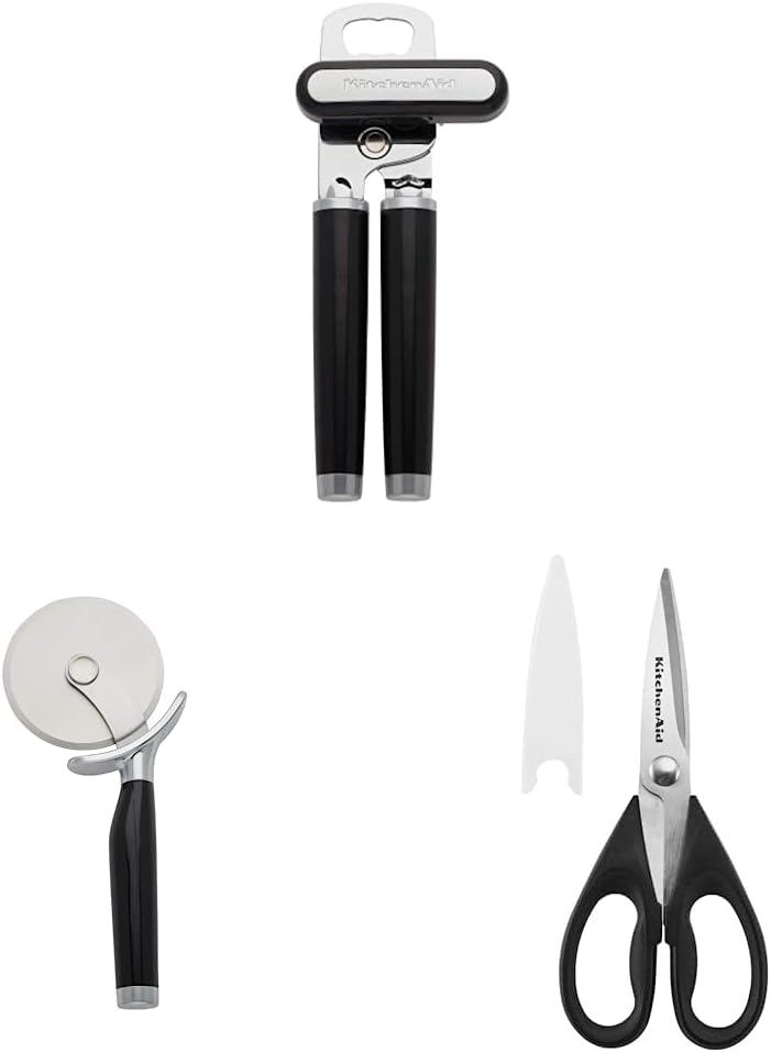 KitchenAid Classic Multifunction Can Opener/Bottle Opener, 8.34-Inch, Black & KitchenAid Classic Pizza Wheel, 9-Inch, Black & KitchenAid All Purpose Shears with Protective Sheath, One Size, Black