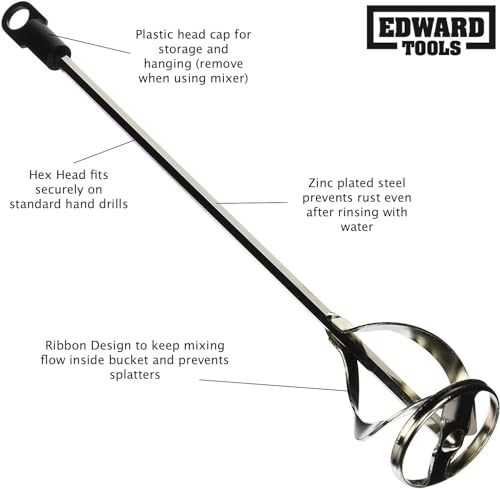 Edward Tools Paint and Mud Mixer for Drill - Mixes 1 to 3 Gallons - 15 3/4" Length - 5/16" Hex Shaft - Zinc Plated Steel - Reinforced Weld - Non Slip Hex Head - Easy Clean - Paint Mixer Attachment (2)
