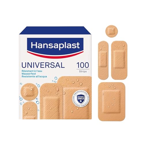 HANSAPLAST UNIVERSAL - 100 Pansements Prédécoupés - Résistants à l'Eau et à la saleté - Pansements Couleur Chair - 4 Formats Assortis : 58 Petits, 10 Moyens, 4 Grands, 28 Ronds