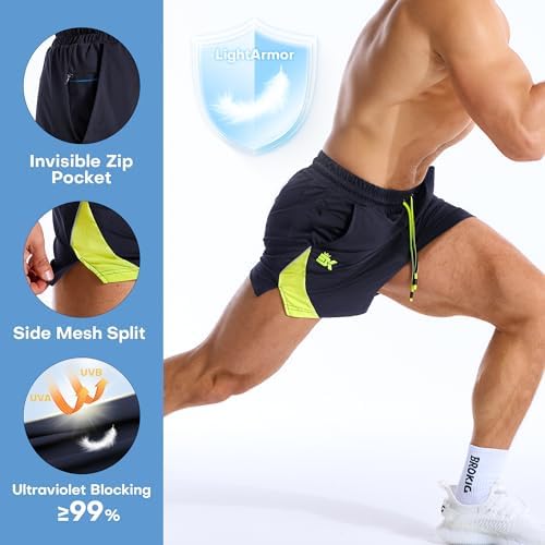 BROKIG MNS 3 Inch Gym Workout Shorts Zip Pocket Lightweight(Navy Blue,S) - 2