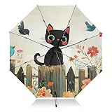 Paraguas compacto con diseño de gato, pájaros y cerca, con protección UV, para lluvia y sol, apertura y cierre automáticos, UPF 50+, resistente al viento, portátil, 46 pulgadas, para mujeres y hombre