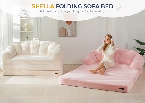 Image of MAXYOYO Folding Sofa Bed, 2 in 1 Convertible Sofa to Lounger Comfy Loveseat Bean Bag Chair for Adults, Floor Couch with Handle, Faux Fur Couch Bed for Living Room Bedroom, Pink, Loveseat