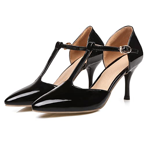 BEAUPAS Women's T Strap High Heels Pumps Pointed Toe Stiletto Heeled Ankle Strap Pumps Patent Buckle Shoes4