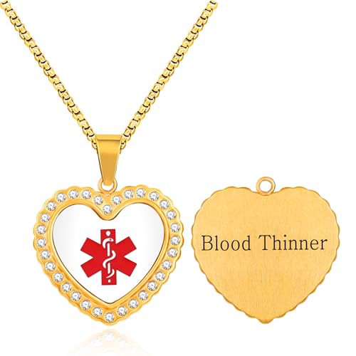 Collier identification médicale gravé pour urgence contact ICE et pendentif cœur doré