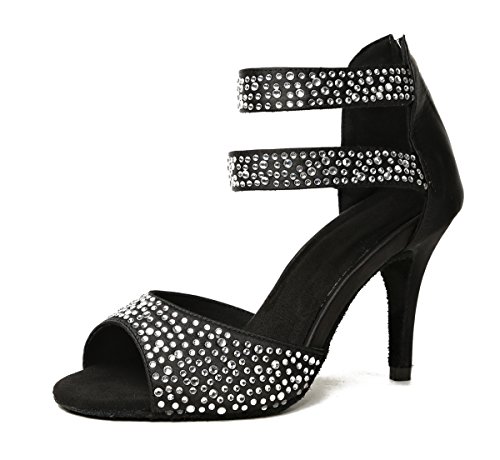 Minishion GL252 Women's Ankle Strap Crystals Sparkling Black Satin Salsa Latin Dance Shoes Formal Party Sandals US 4
