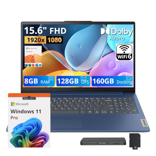 Lenovo IdeaPad Slim 3 Laptop, 15.6‑Inch FHD Anti‑Glare Screen, Intel Processor N150, 8GB LPDDR5 RAM, 288GB Storage(128GB UFS+160GB Docking Station), Wi-Fi 6, Long‑Lasting Battery, Win 11 Pro, Blue