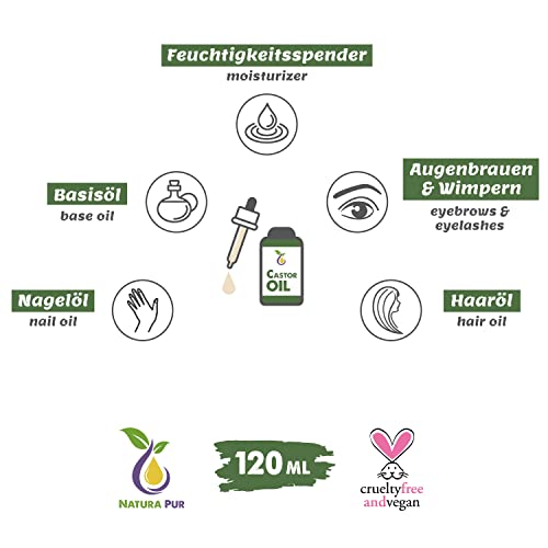 Foto von Rizinusöl BIO 120ml, vegan - schonend gesiebt für einfache Anwendung - Natürliches Wimpernserum für Wimpern und Augenbrauen - auch für Haare, Gesicht, Körper, Haut, Hände