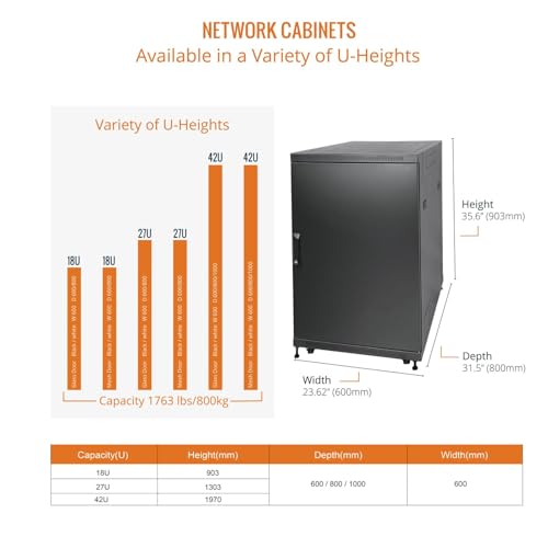 Image of Tecmojo Fully Assembled 18U Network Cabinet AV Rack Black Equipment Rack Enclosure with Casters /Locking Doors with Dual Fan, PDU and Cantilever Shelf Installed (31.5inch Deep Glass Door)