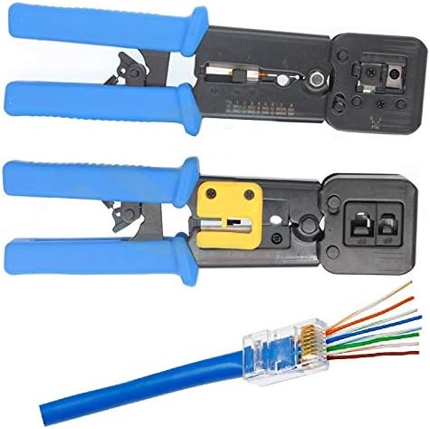 All-in-One Crimper for Pass-Through/EZ/Legacy RJ11/RJ12/RJ45 connectors Professional Performance Cutter Stripper CAT3/CAT5e/CAT6 Network Cable UTP/STP Wire Crimping Tool