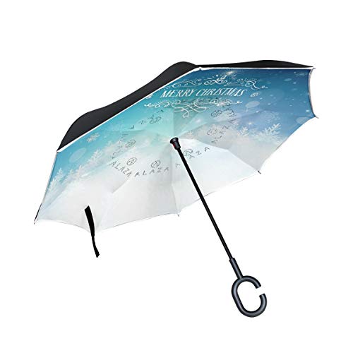 Preisvergleich Produktbild XiangHeFu Double Layer Inverted Reverse Umbrellas Beauty Schneeflocken Frohe Weihnachten Folding Windproof UV-Schutz Big Straight für Auto mit C-förmigen Griff