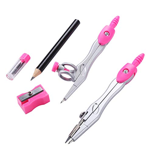 Vobou Math Geometry Kit Sets 10 Piece Student Supplies with Shatterproof Storage Box,Includes Rulers,Protractor,Compass,Eraser,Pencil Sharpener,Lead Refills,Pencil,for Drafting and Drawings(Pink)