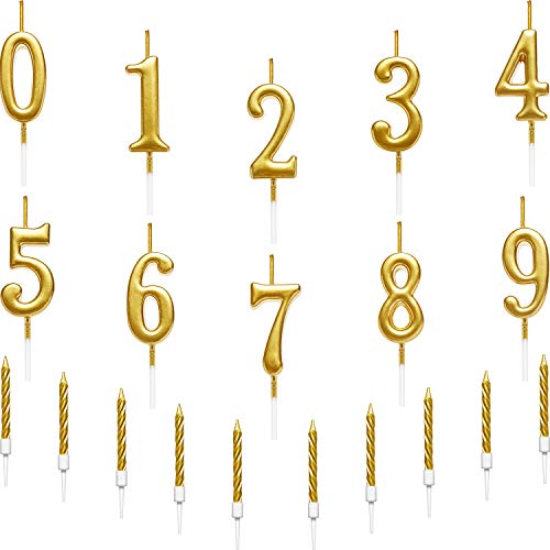 10 Pièces Bougies de Chiffre de Gâteau Décoration de Topper Gâteau de Paillettes Numéro 0-9 et 10 Pièces Bougies de Gâteau Spirale avec Supports pour Mariage Anniversaire, 20 Pièces au Total (Or)