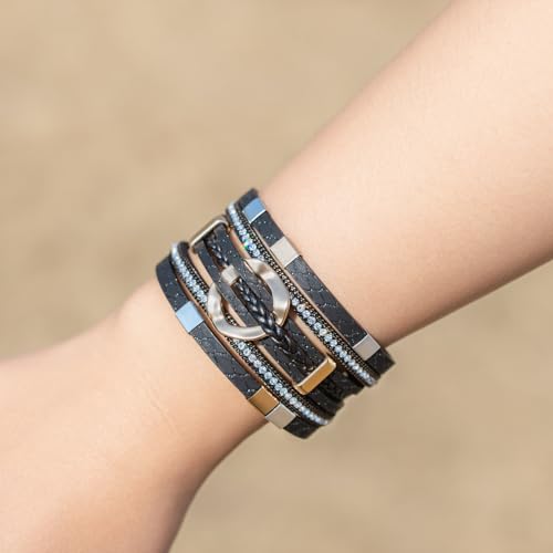 FANCY SHINY Boho Leather Wrap Bracelets Gold Circle Square Bead Braided Handmade Stackable Bracelet Trendy Cuff Bangle for Women3