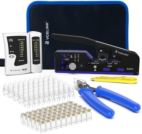 VCELINK Upgraded RJ45 Crimping Tool Kit for CAT7/6A/6/5E/5 with a Pass Through Ethernet Crimper, 50 Cat6 RJ45 Connectors & Strain Relief Boots, Cable Tester, Wire Stripper and Cutter in a Cloth Bag