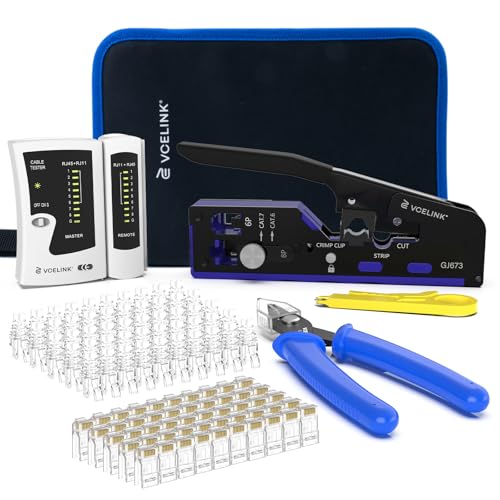 VCELINK RJ45 Crimp Tool Kit for CAT7/6A/6/5E/5, Upgraded Network Tool Set with an Ethernet Crimper, 50 RJ45 Connectors & Boots, Cable Tester, Wire Stripper and Cutter in a Cloth Bag