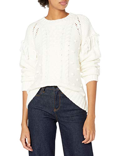 cupcakes and cashmere Women's Angie Cable Knit Pullover with self Fringe and bobbles, Ivory, Medium