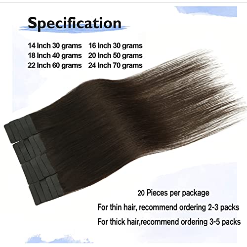 Tape In Hair Extensions Human Hair Dark Brown 100% Remy Human Hair Extensions Silky Straight For Fashion Women 20 Pcs/Package(18Inch #2 40G) #TOP2