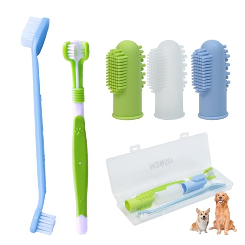 5 Stück Hund Zahnbürste Set, 3 Finger Zahnbürsten, Dreiseitige Hund Zahnpinsel, Zahnbürste mit langem Griff, Kleine, Mittlere Und Große Haustiere Katze