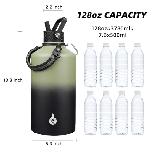 Image of BJPKPK 1 Gallon Water Bottle with Straw Lid, 128oz Large, Stainless Steel Water Bottles with 3 Lids and Paracord Strap, Double Wall Vacuum Metal Water Jug, Camp Green & Black