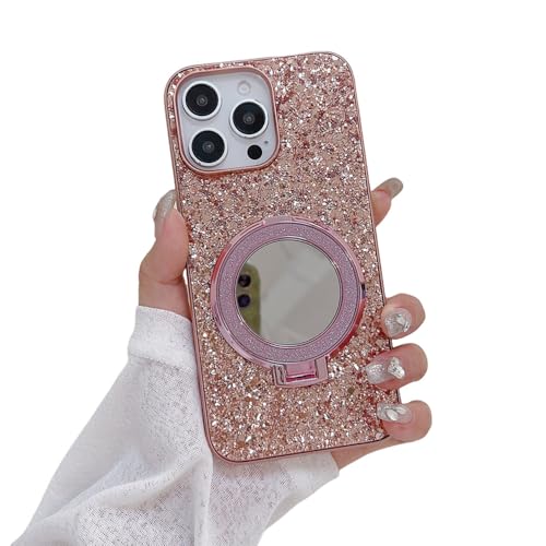 Coque iPhone 15 Plus glitter rose avec miroir de maquillage et support