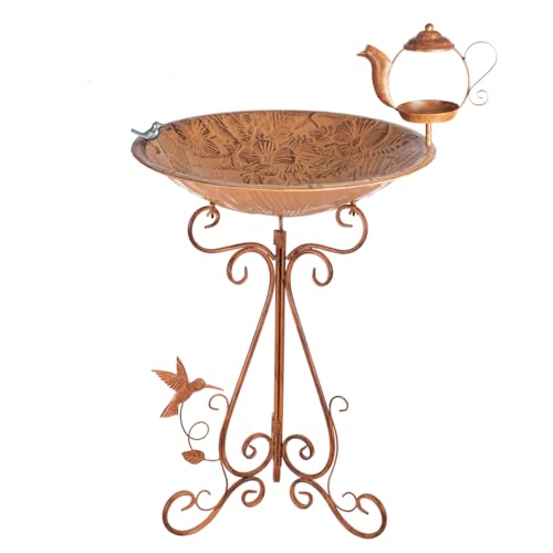 VEWOGARDEN Large Metal Standing Bird Bath and Feeder Combo with Folding Bracket for Outside Garden Yard Patio Decoration, Brass